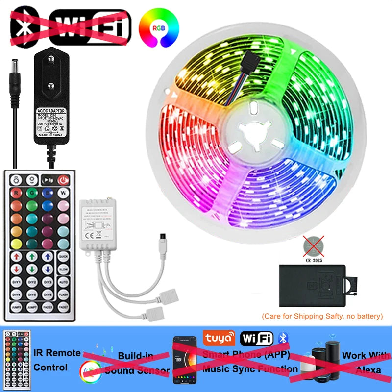 30M 12V WiFi Bluetooth RGB LED Strip Lights 5050 with Ac100-240V Adapter APP Control Music Sync Remote for Bedroom Kitchen Party