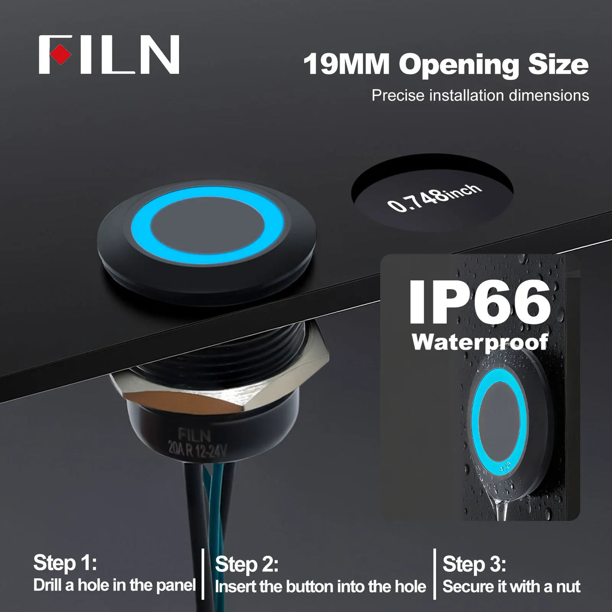 FILN 19MM 20A 12V 24V 110V 220V LATCHING MOMENTARY Flat Ring Round Push Button Switch IP66 Metal Stainless Steel  with 20cm Wire