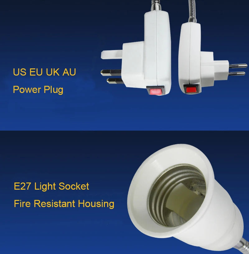 1pc E27 20cm 360D Bendable US UK EU AC Power Plug to E26 E27 Edison Screw CFL LED Light Socket Lamp Holder Adapter wt Switch