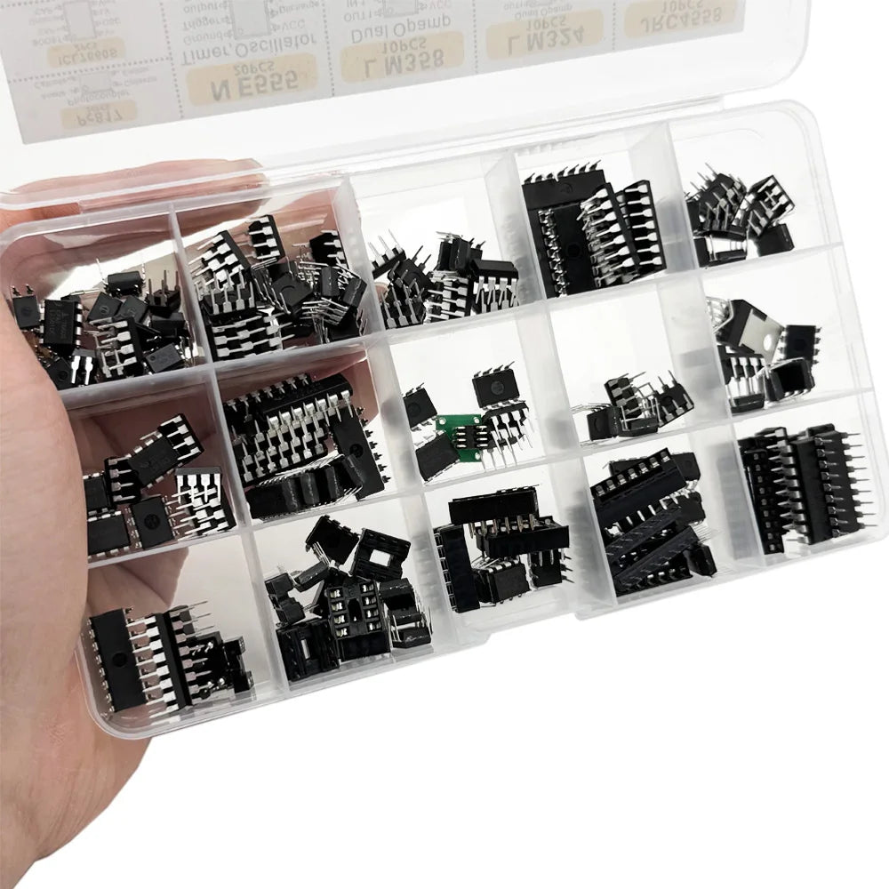 150pcs DIP Integrated Circuit Chip Assorted IC Box Set Amplifiers LM358 JRC4558 LM393 ICL7660 NE555 for Electronics Projects