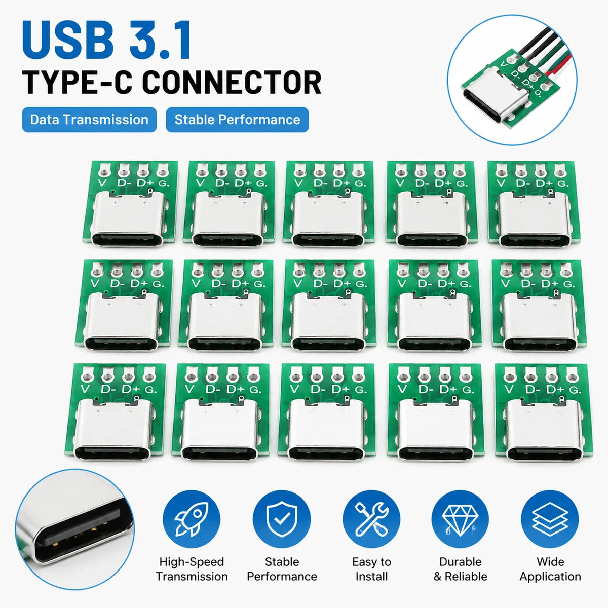 USB 3.1 Type-C 16-Pin Test Breakout Board Full Pinout Adapter Socket for Diagnosis & Data Cable Prototyping