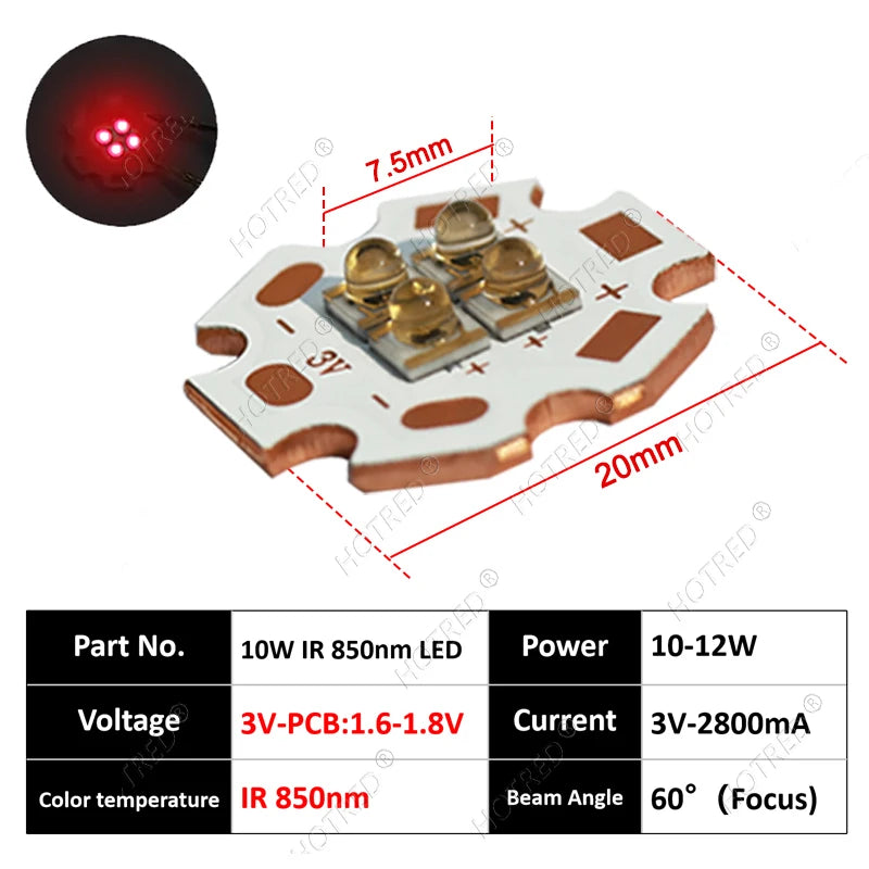 DC3V/6V/12V IR LED 60 Degree 850nm 940nm Chip 10W High Power Light3535 4Chips Infrared Lamp Ceramic Beads With 20mm Copper Board
