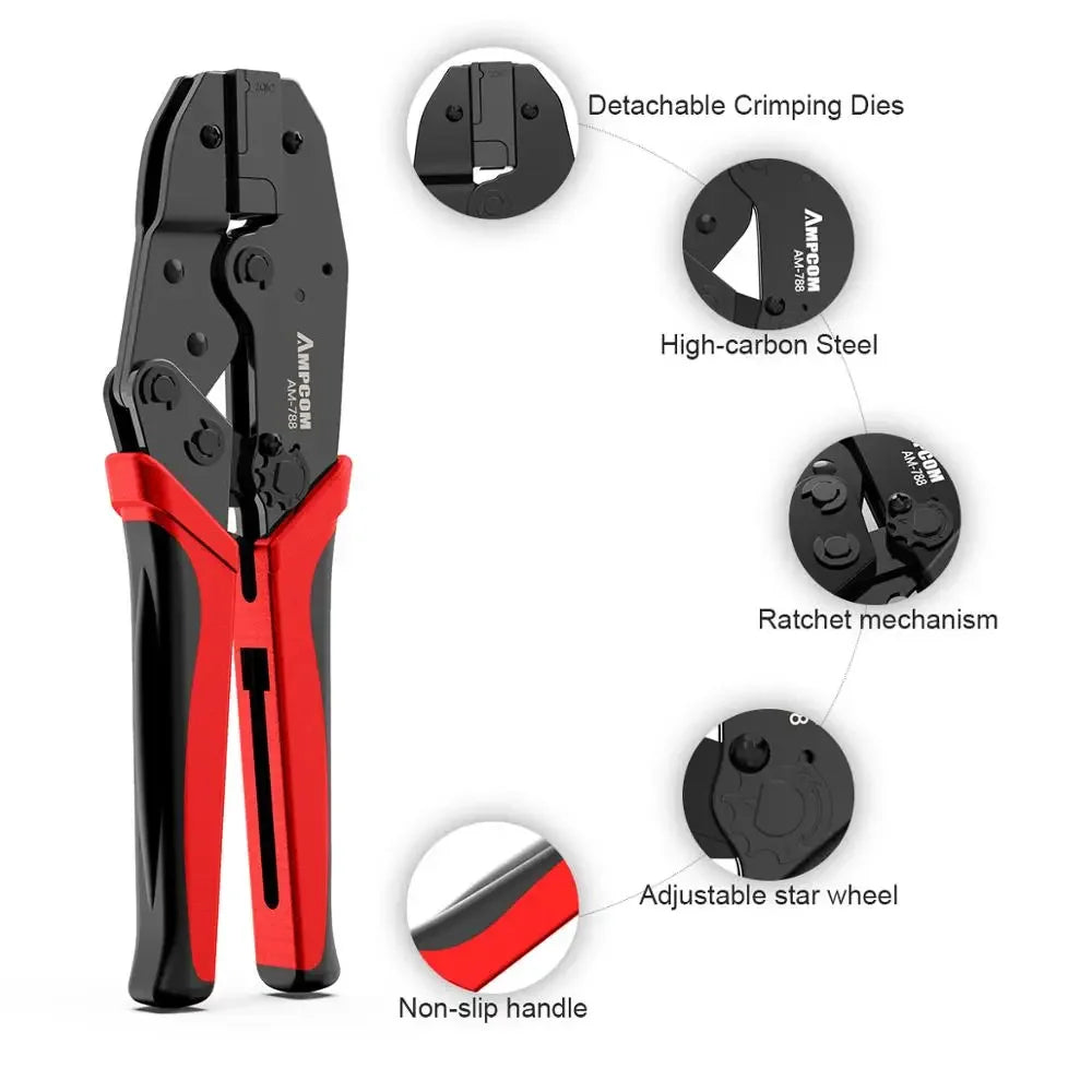 AMPCOM One-step RJ45 Ratcheting Crimper Network Tool for Cat6A, Cat7 Shielded Connector with 2pcs Replaceable Crimping Dies