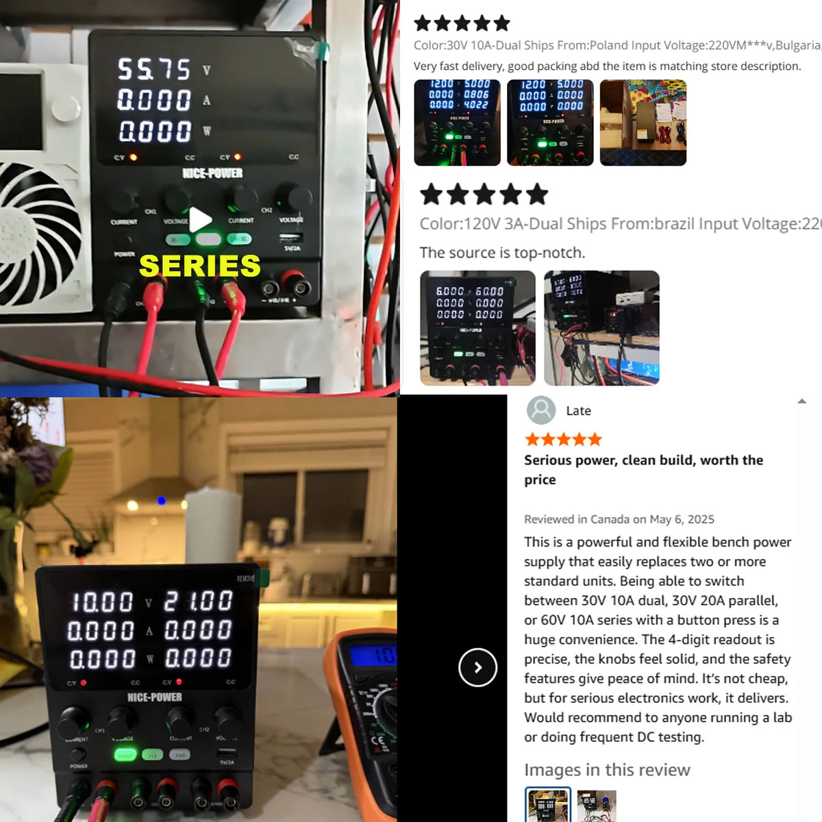 NICE-Power Dual Lab Power Supply 30V 10A Adjustable 3 Channel 60V 120V 240V Digital Bench Power Source Multiple Series Parallel