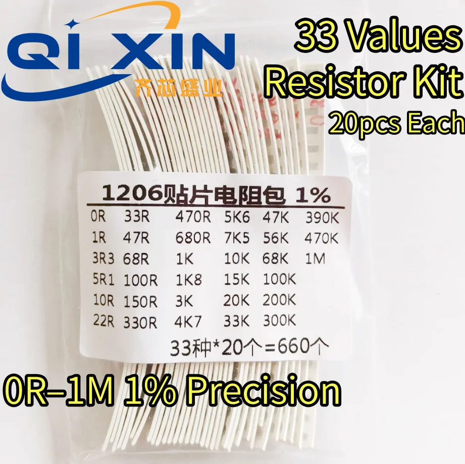 SMD Chip Resistor Assortment Kit 0402 0603 0805 1206 Size, 33 Values 20pcs Each SMT Sample Pack Electronic Circuit Repair Compon
