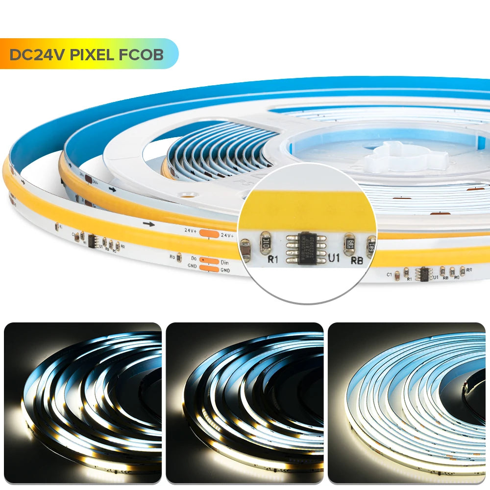 FCOB SPI DIM IC LED Light Strip Addressable 360LEDs 10mm 24V 60W High Density Flexible FOB COB Led Lights RA90 3000K 4000K 6000K