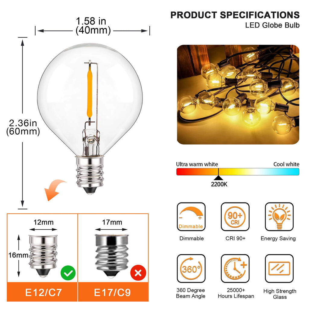 G40 LED String Light Replacement Bulbs E12 220V 110V Globe Light Bulb Warm White 2200K 10W Equivalent Indoor Outdoor Decor