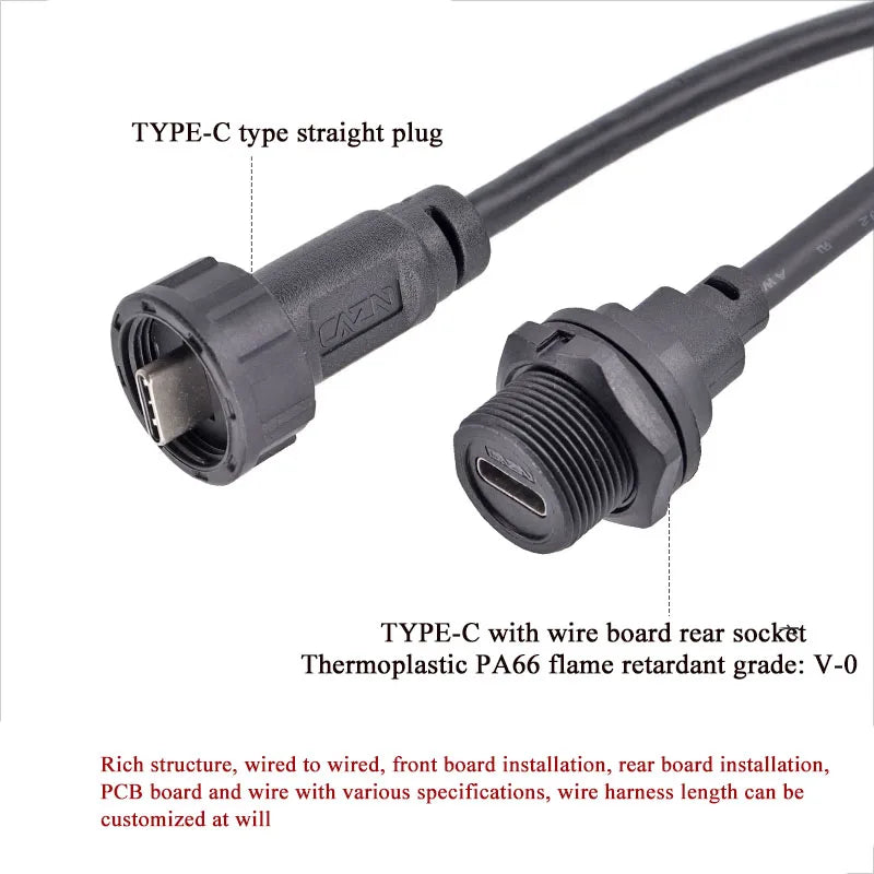 Threaded Type-C Waterproof Connector Cable IP67 Type-C Male Data Plug Wire F Outdoor Use USB 3.1 Solder Board Dual Female Socket