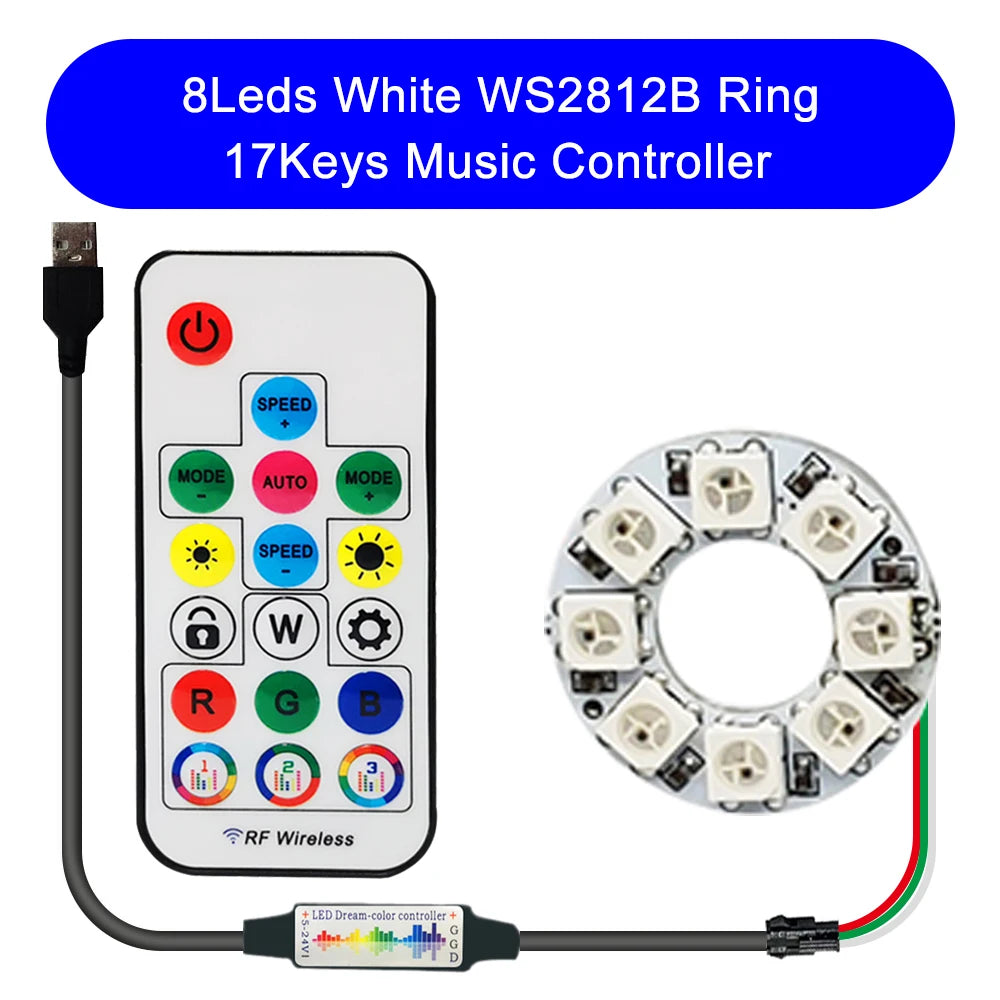 DC5V WS2812B DIY LED Ring 8 to 241 Pixels 5050 RGB Individually Addressable WS2812 Round Modules With 17Keys Music RF Controller