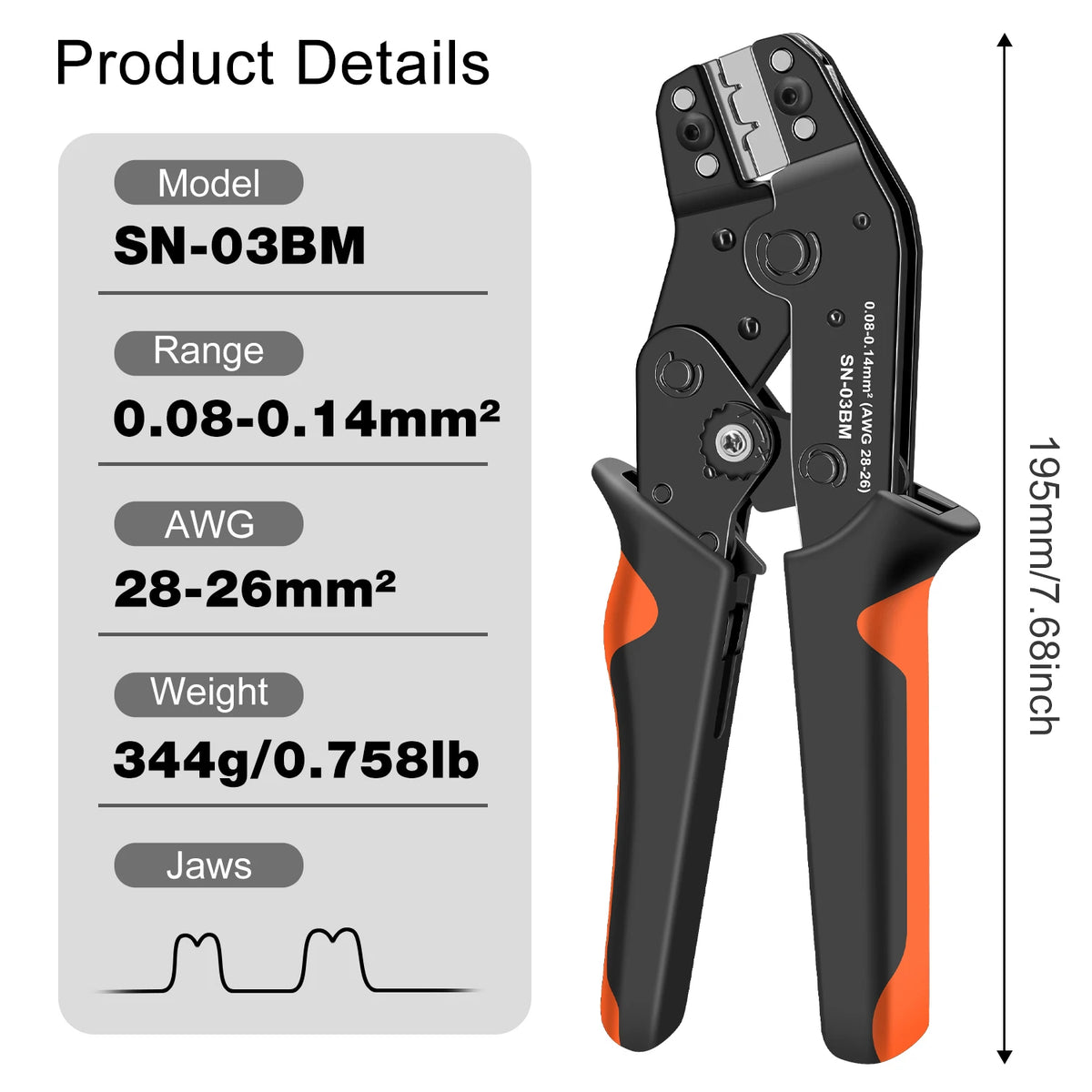 SN-01BM/03BM Wire Crimping Plier Micro Pin Connector Crimper, AWG 28-20/28-26 for JST XH, PH, SH, Molex KK, D-sub Terminals