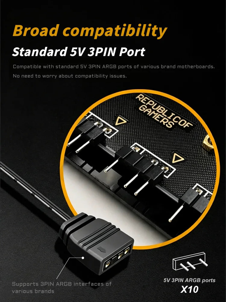 10 Port 5V 3PIN ARGB Fan Hub SATA Powered RGB Splitter for PC Case Addressable RGB Fan Light Strip