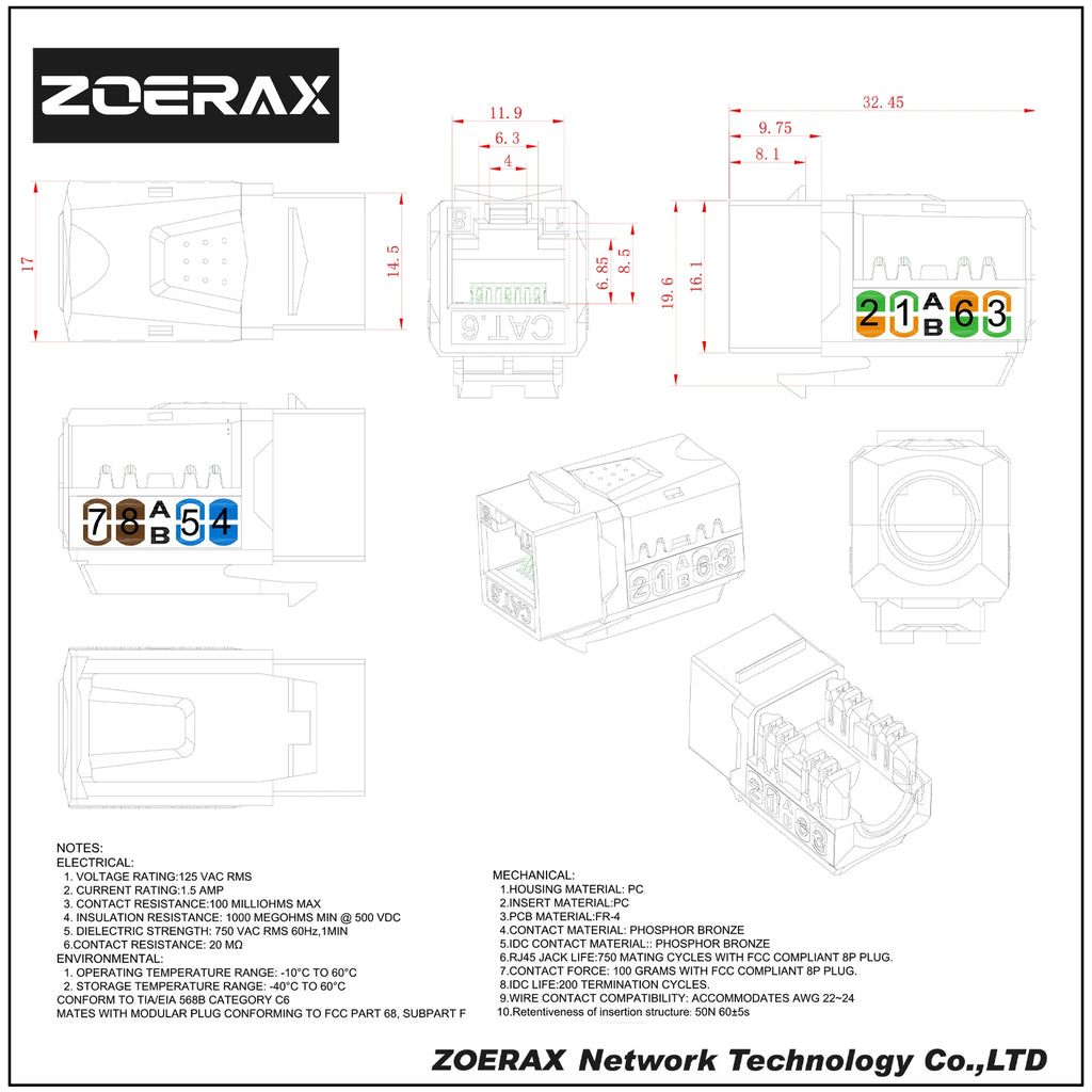 ZoeRax RJ45 Cat6 Keystone Jacks Slim Profile 1/10/30-Pack, 90-Degree Ethernet Punch Down Keystone Jack Adapter