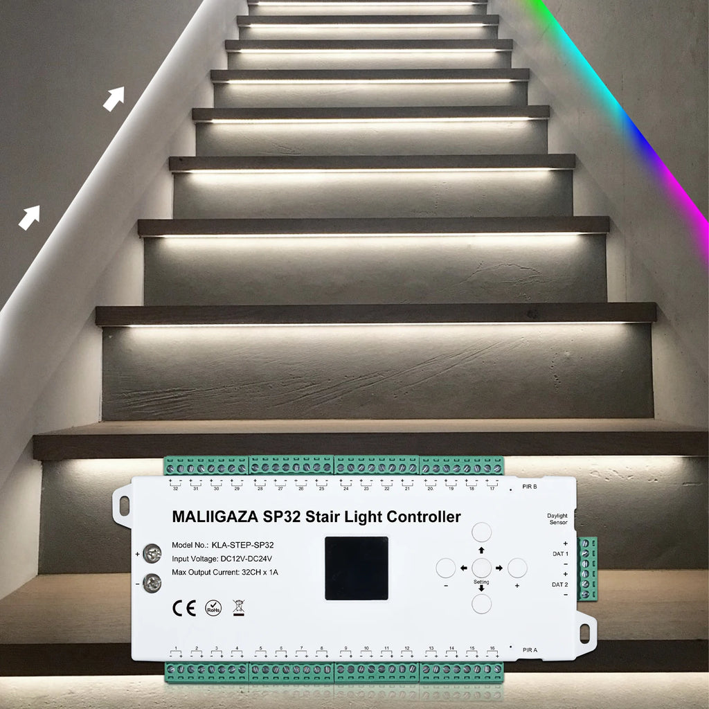 Motion Sensor Stair LED Controller 12V 24V Stair Step LED Strip Light Side Pixel Strip Light 1-32 Steps Indoor Stairway Lighting