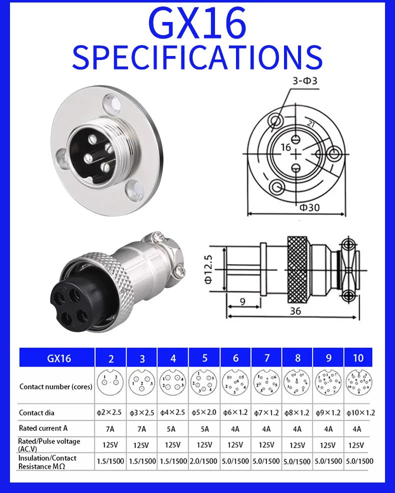 5pcs GX16 Connector Flange Mounting Aviation Plug Male Female 2 3 4 5 6 7 8 9 10Pin M16 Aviation Connector