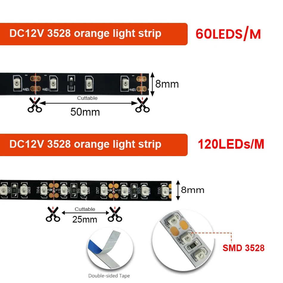3528 Orange led strip light 2835 DC12V 120LEDs/m 8mm PCB Flexible Tape light stirp 600LEDs Tira Home Decor Lamp Car Lamp  1m/5m