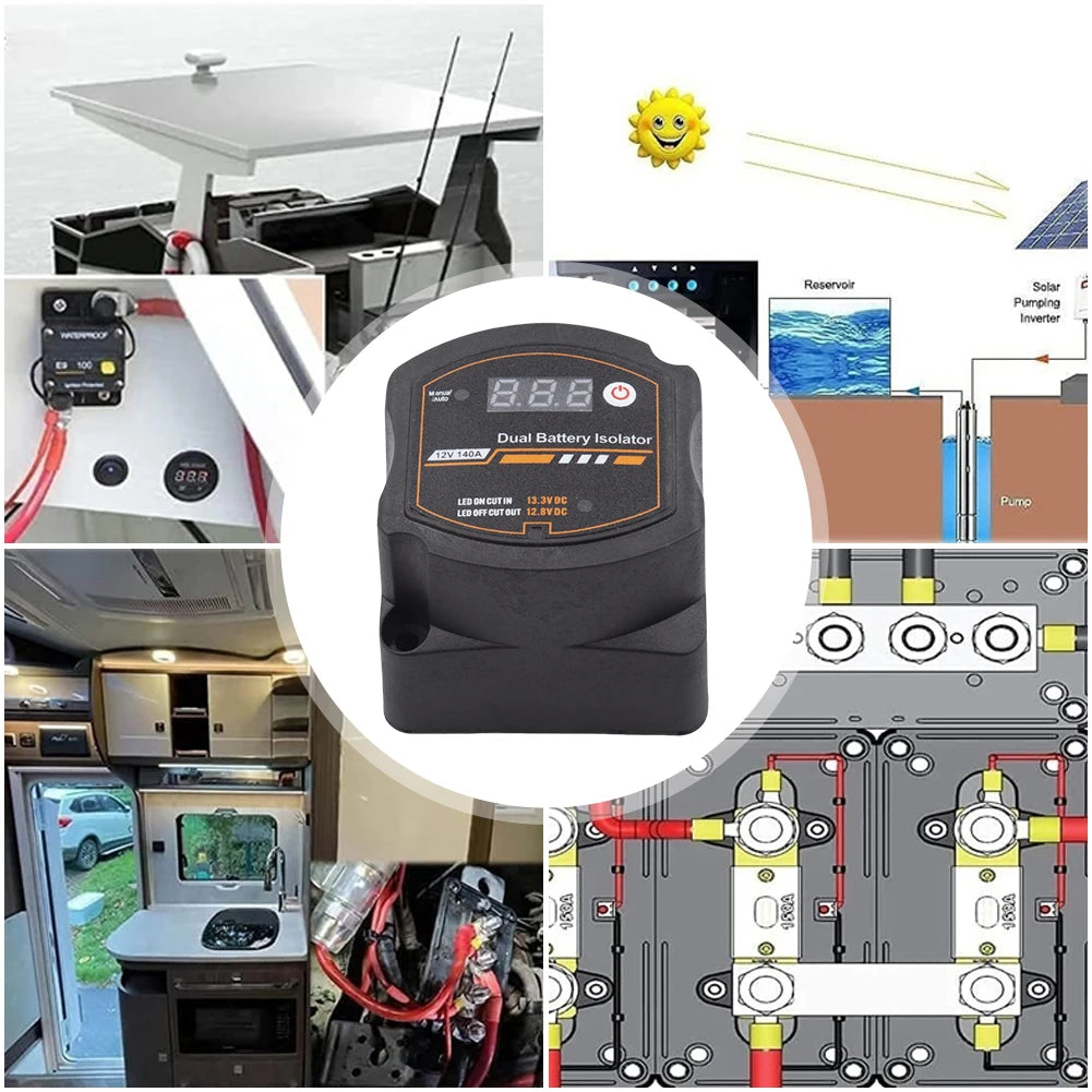 Dual Battery Isolator 12V 140A Auto Manual Voltage Sensitive Relay with Digital Voltmeter Smart VSR for Camper Car RV Yacht Boat