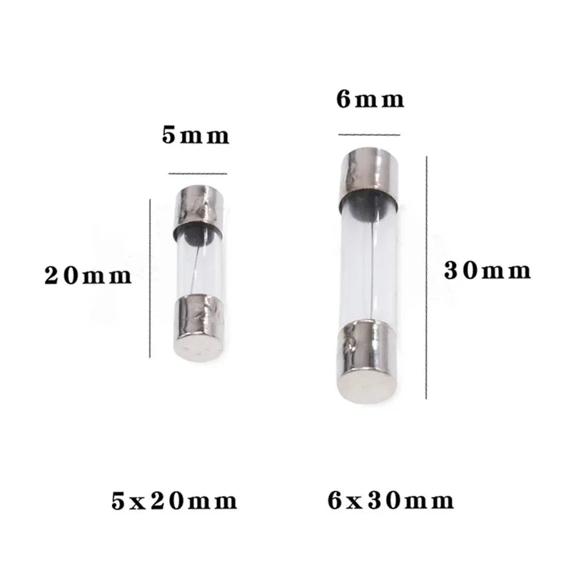 100Pcs Glass Fuse Assortment Kit, 10 Sizes (5x20mm & 6x30mm) 0.5A-20A 250V Fuse DIY Electronic Repair Component Set