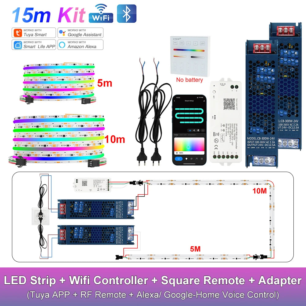 RGB-IC COB LED Strip with Tuya Wifi Controller 2.4G Remote Alexa Google Home Rainbow Color Addressable LED Tape 10m 20m 25m Kit