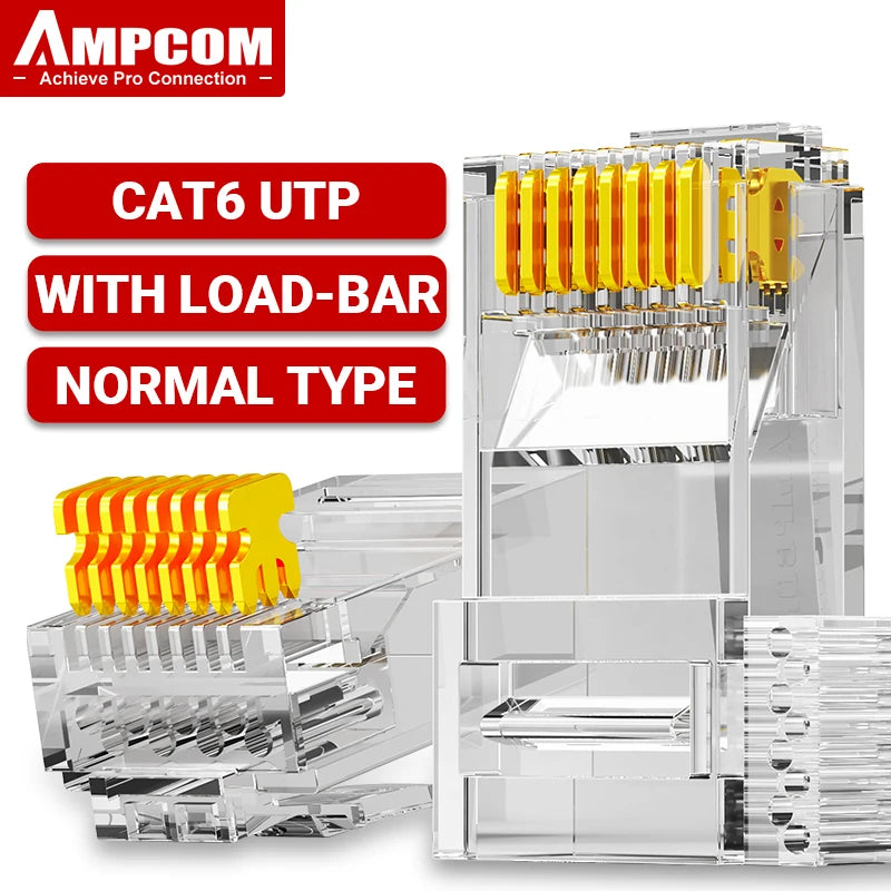 AMPCOM RJ45 Connector 50U Gold Plated CAT7 CAT6 CAT5E Pass through Modular Plug 8P8C Crimp End for Solid Wire Stanrded Ethernet