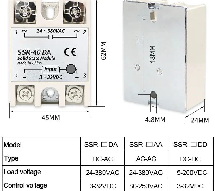 1pcs Solid State Relay Single Phase Non-contact SSR DC To DC AC To AC DC To AC 24-380VAC 10A 25A 40A 50A 60A 80A 100A