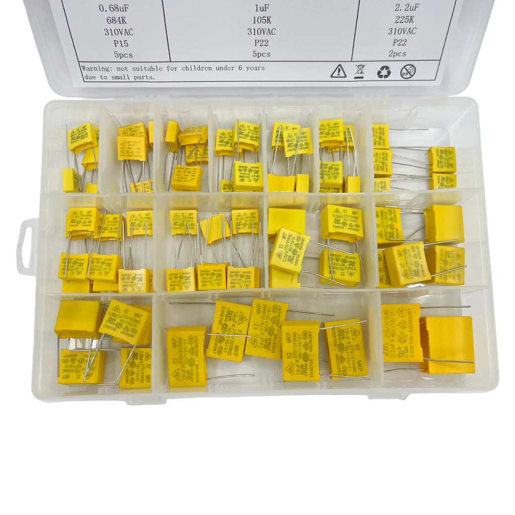 77PCS Safety Capacitor Kit 0.001uf-2.2uf 275VAC/310VAC P10-P22