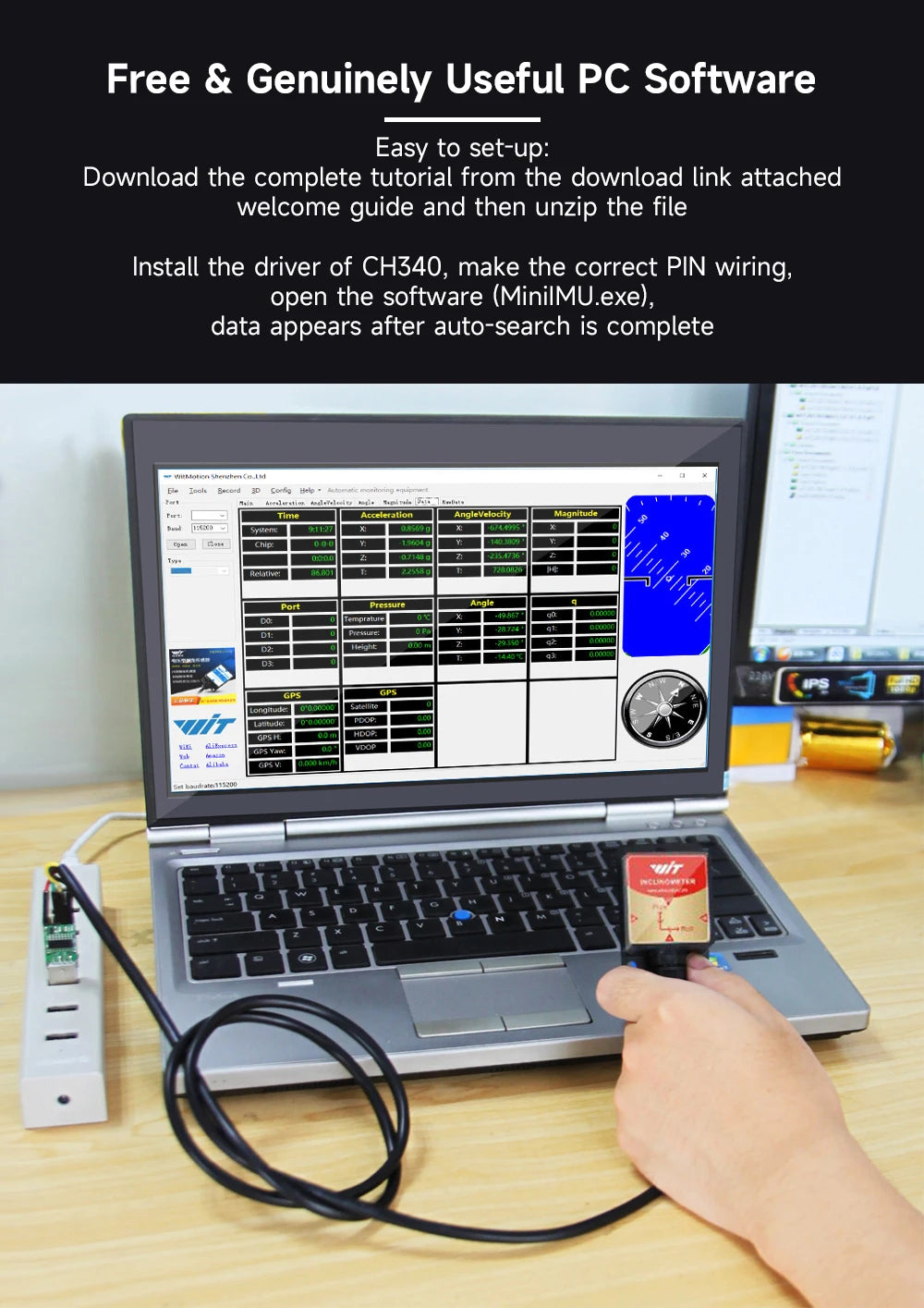 High-Precision Inclinometer HWT605 Accelerometer+Angle+Gyro, MPU9250 IMU, Temperature Compensation, Tilt Angle