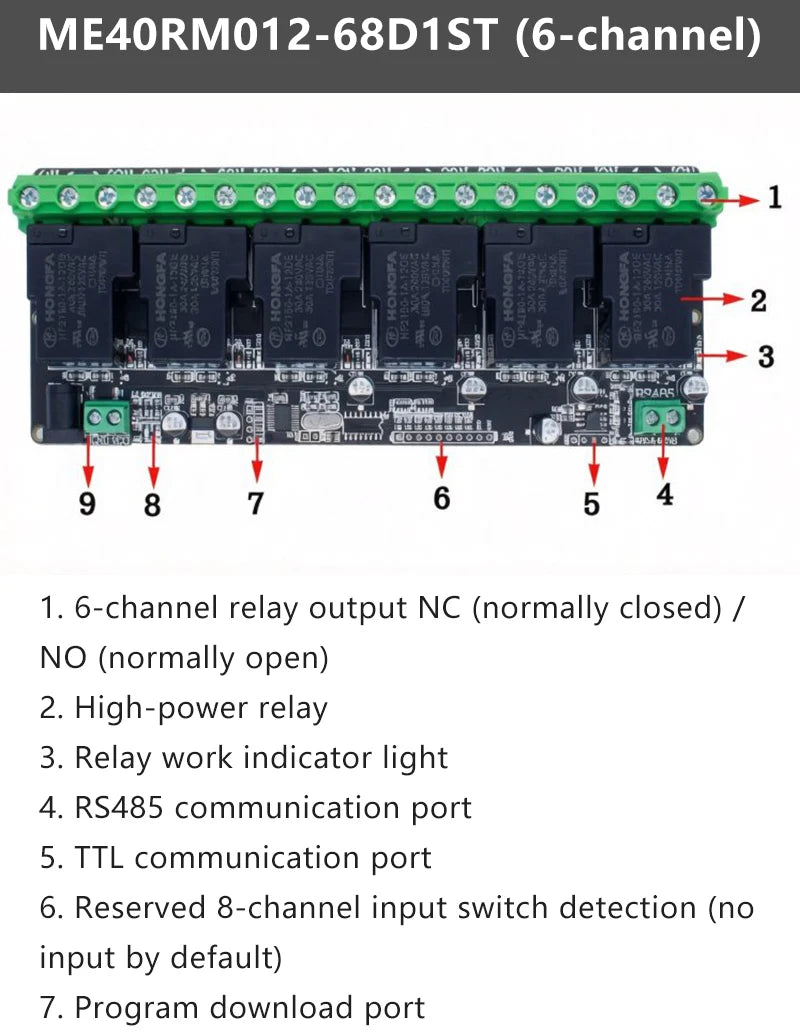 Modbus RTU RS485 TTL Relay Control Module Optional 3/4/6/8 Channel High Power Output Industrial PLC