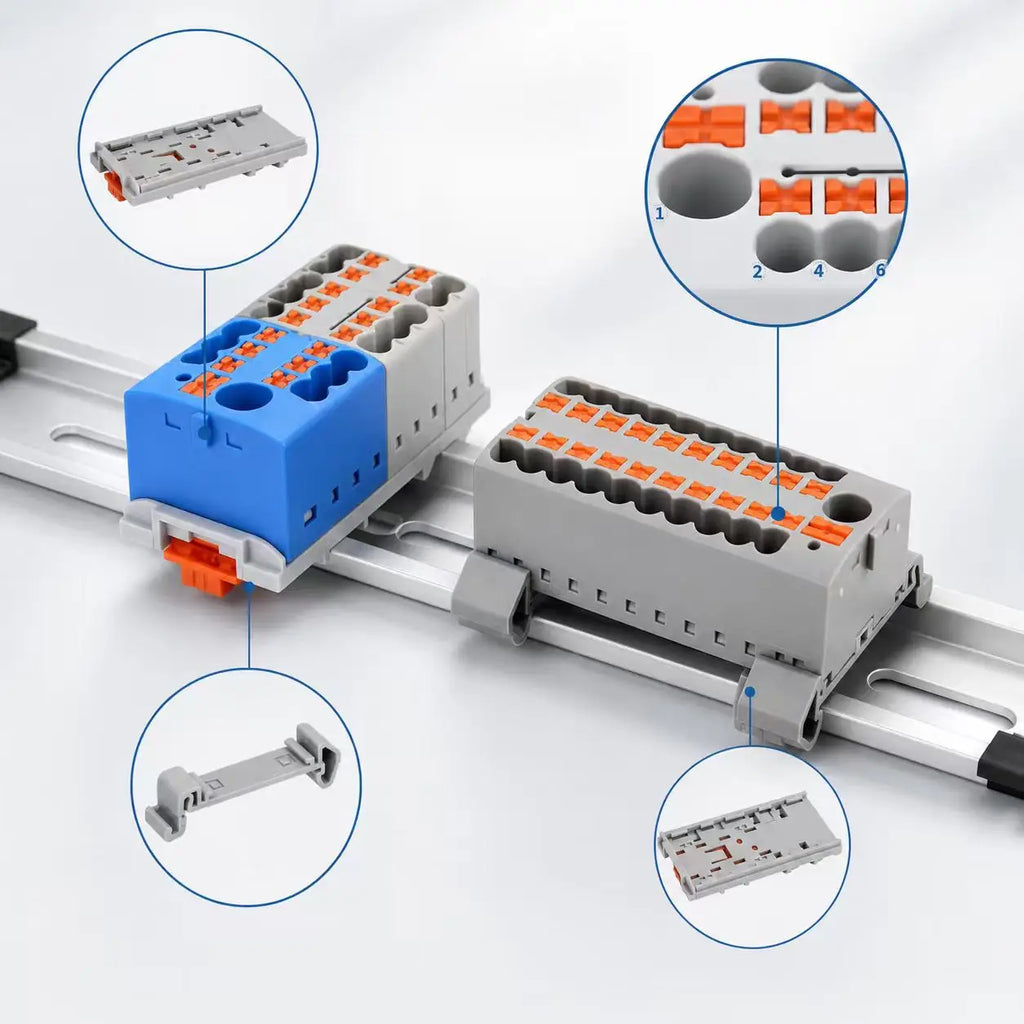 Distribution Terminal Block 1 In 12 Out DIN Rail Push In Electrical Connection Strip 41A 690V Copper Busbar Power Distributor