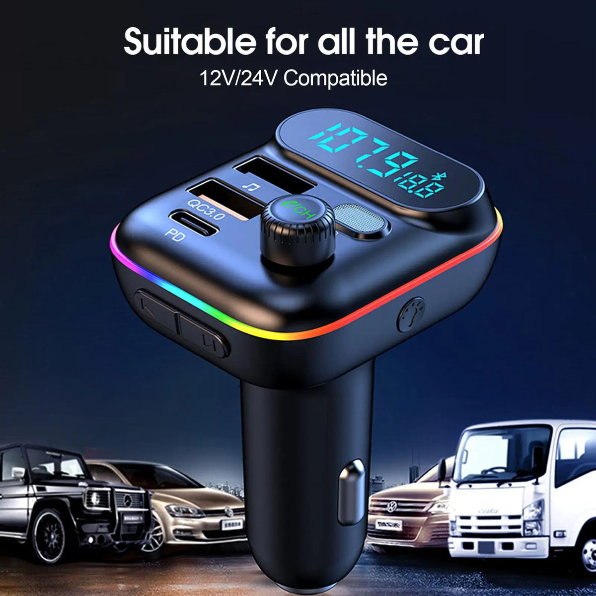 Car PD 18W QC3.0 Fast Charge Bluetooth 5.0 FM Transmitter Dual Player Music Type-C Colorful Ambient MP3 Light Cigarette Lighter