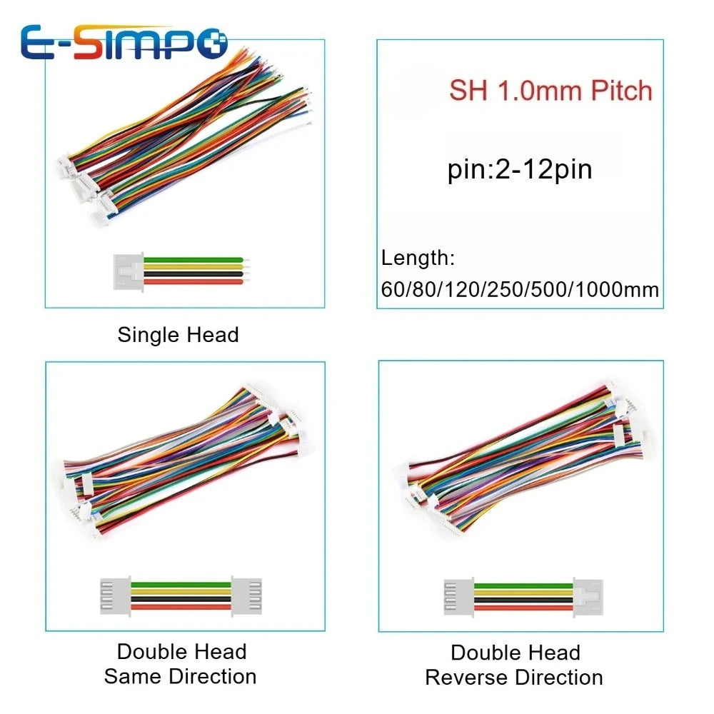 10PC SH 1.0mm Single/Double Plug Connector with Wire 60/80/120-1000mm Cable 2 3 4 5-12 Pin Jumper Line SH1.0 SHR