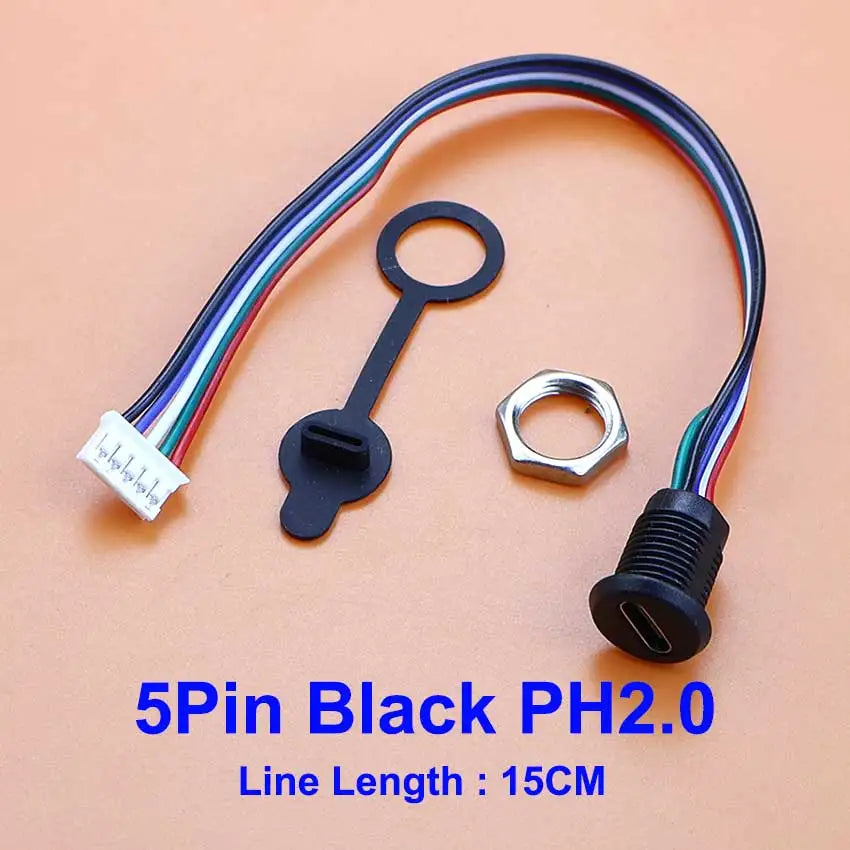 1/5pcs USB Type C Connector Type-C Female Socket With PH2.0 Terminal Nut Locking Plate Waterproof Charging Jack Port 15cm Wire