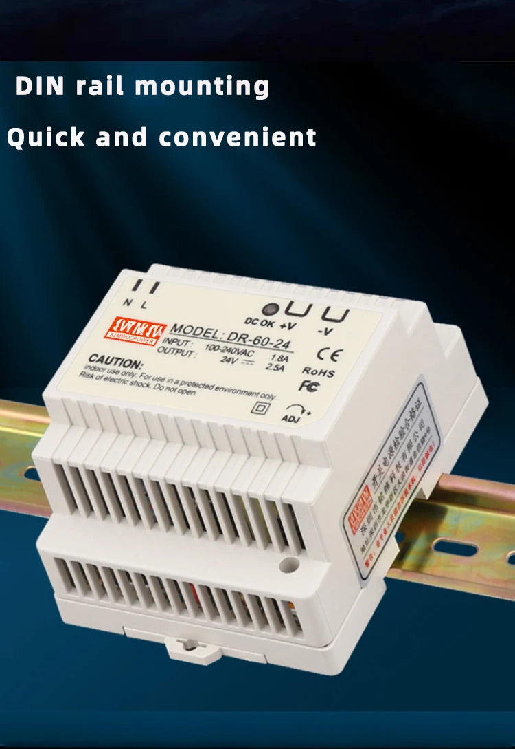 DR-60W Output 5V 12V 15V24V DIN Rail Switching Power Supply 24V DC 220V to 12V Transformer 5V Module Power Supply Box