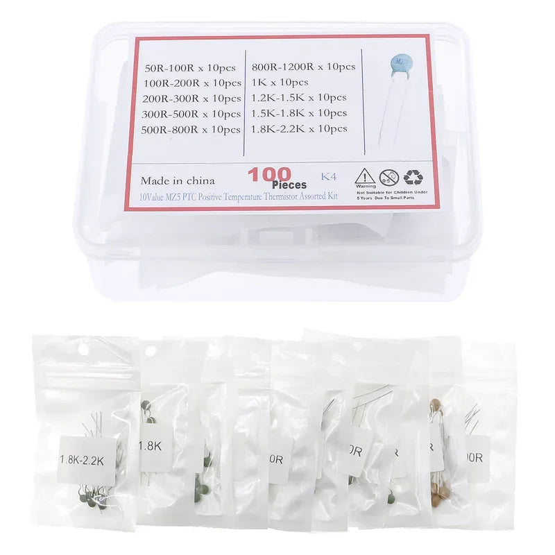 100Pcs PTC Positive Temperature Thermistor Resistor Assorted kit MZ5 50 ohm-2.2K 10Value Each 10pcs