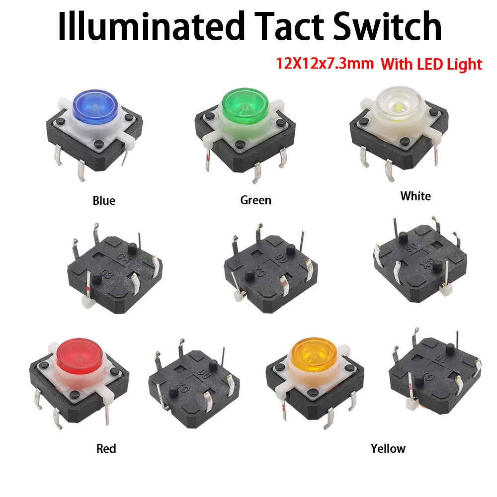 Tactile Push Button Switches 12x12x7.3mm 4 Pin Illuminated Tact Switch LED Light Button Reset Momentary Switches 12*12*7.3mm
