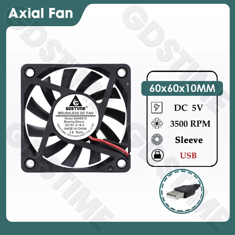 Gdstime 60MM Fan 24V 12V 5V Cooler 60x60x10MM Axial Cooling Fan 6010 Dual Ball Brushless Dupont USB Fan for PC Case CPU Cooling