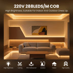220V COB LED Strip Light With Switch/Dimmer Plug Super Bright 288LEDs/M IP65 3000K 4000K 6000K High Quality Indoor Outdoor Decor
