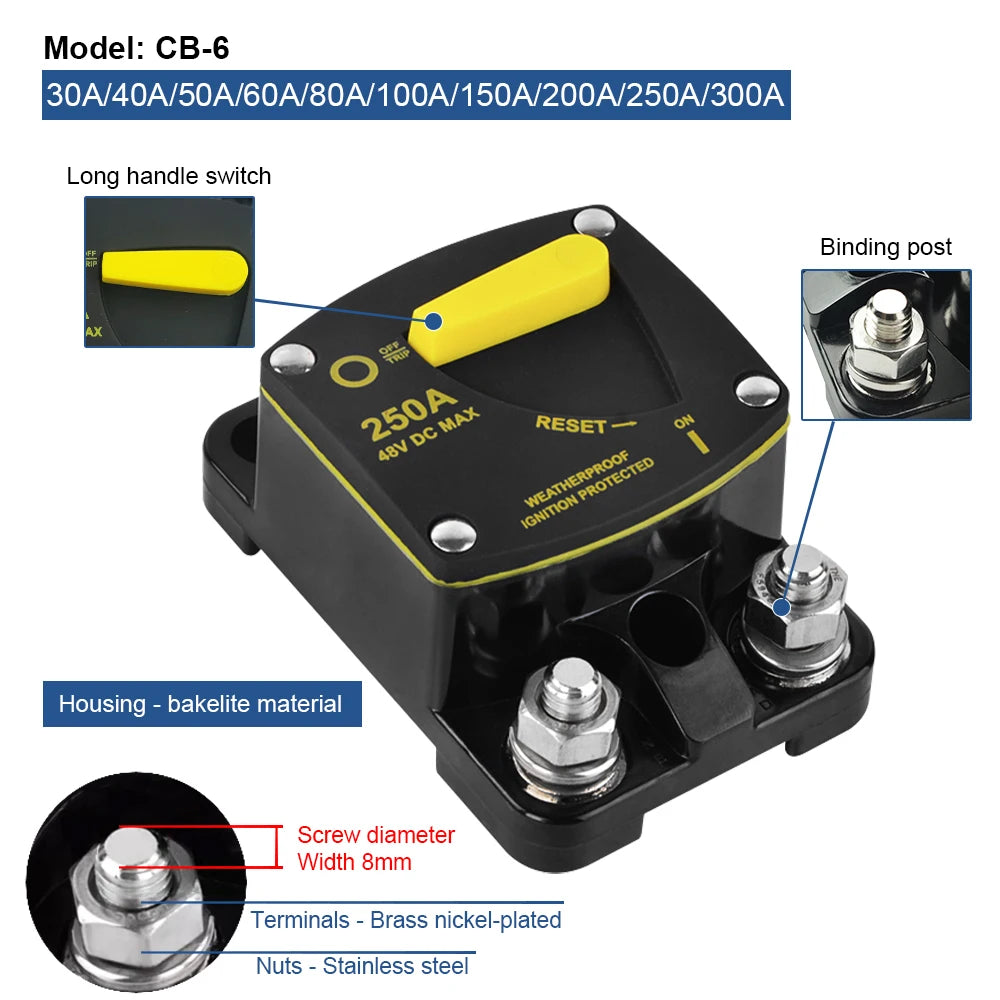 Circuit Breaker Reset Fuse 12v 24v 48v DC 20A-300A 250A Solar Fuse Car Boat Audio Manual Power Protect Fuse Resettable Insurance