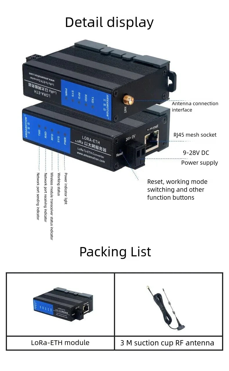 LORA to Ethernet Module LORA-ETH Wireless Remote IO Converter Transmission Signal Data Acquisition Transceiver 3m 10m Antenna
