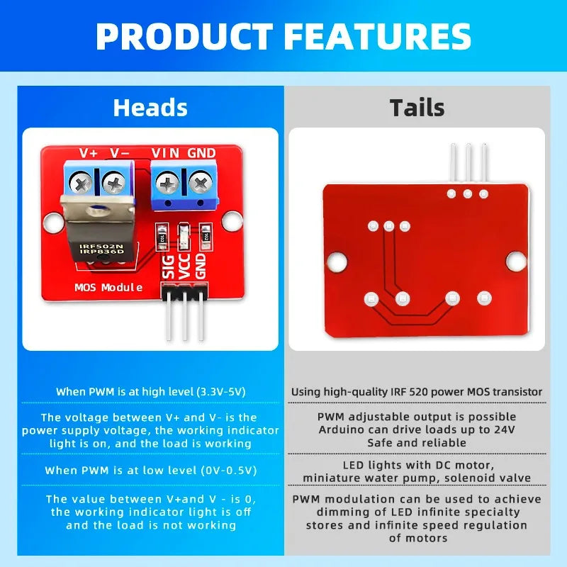 5/10/20PCS 0-24V Top Mosfet Button IRF520 MOS Driver Module for Arduino MCU ARM Raspberry Pi