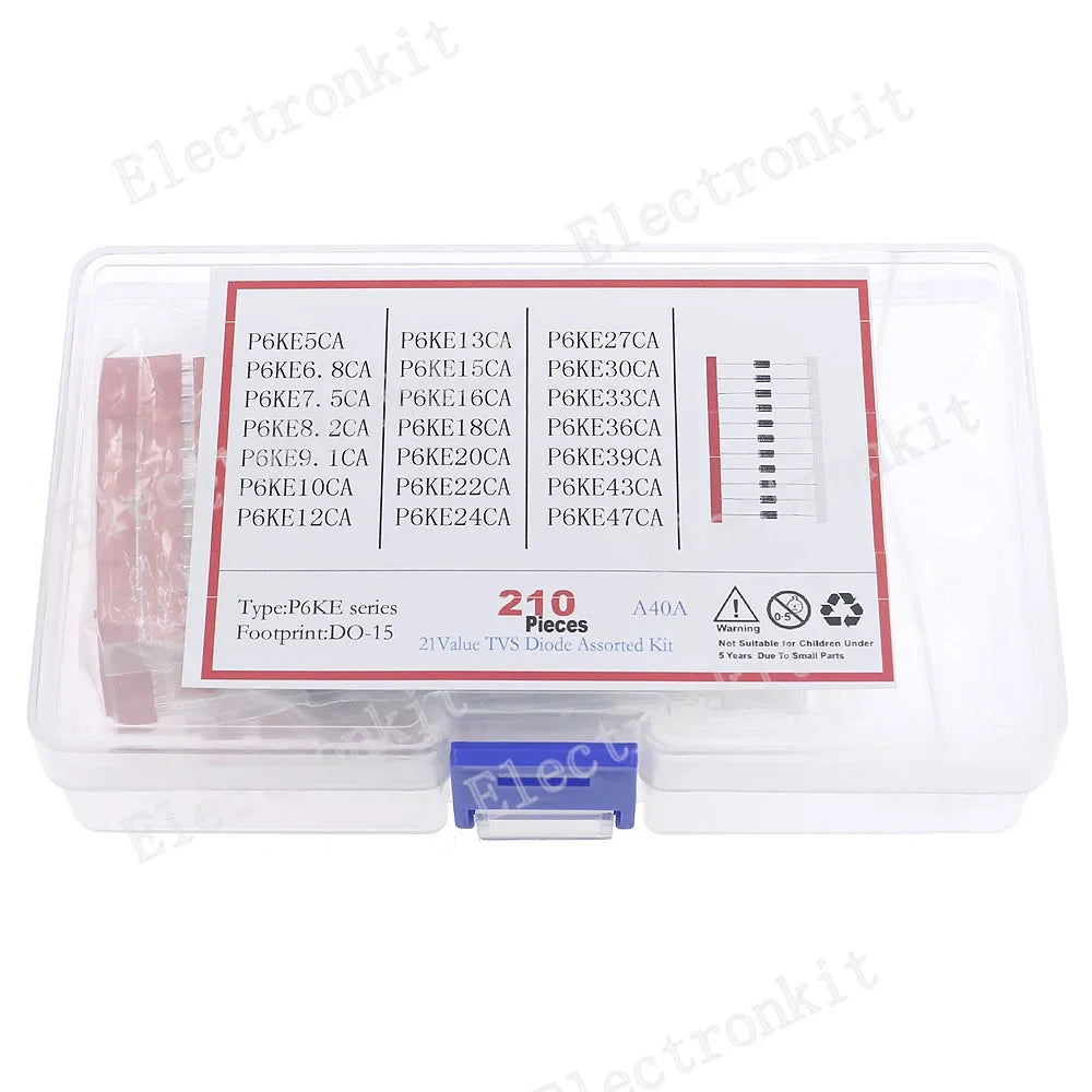 210Pcs 21Value One Two Way TVS Diode Assort Kit P6ke6.8A 8.2A 9.1A 10A 12A 13A 15A 16A 20A 22A 24A 27A 30A 33A 36A 39A 43A 47CA