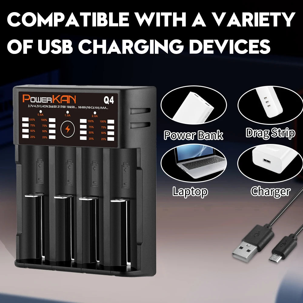 POWERKAN Q4 4-Bay Charger for 1.2V Ni-MH AA AAA & 3.7V Li-ion 18650 26650 Batteries with USB Output