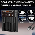 POWERKAN Q4 4-Bay Charger for 1.2V Ni-MH AA AAA & 3.7V Li-ion 18650 26650 Batteries with USB Output
