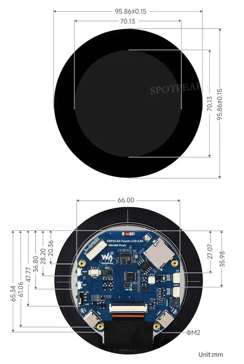 Waveshare 2.8 Inch Round Display ESP32 S3 Development Board 480×480 WiFi BT5 8MB PSRAM 16MB Flash 6-Axis IMU RTC Touch Optional