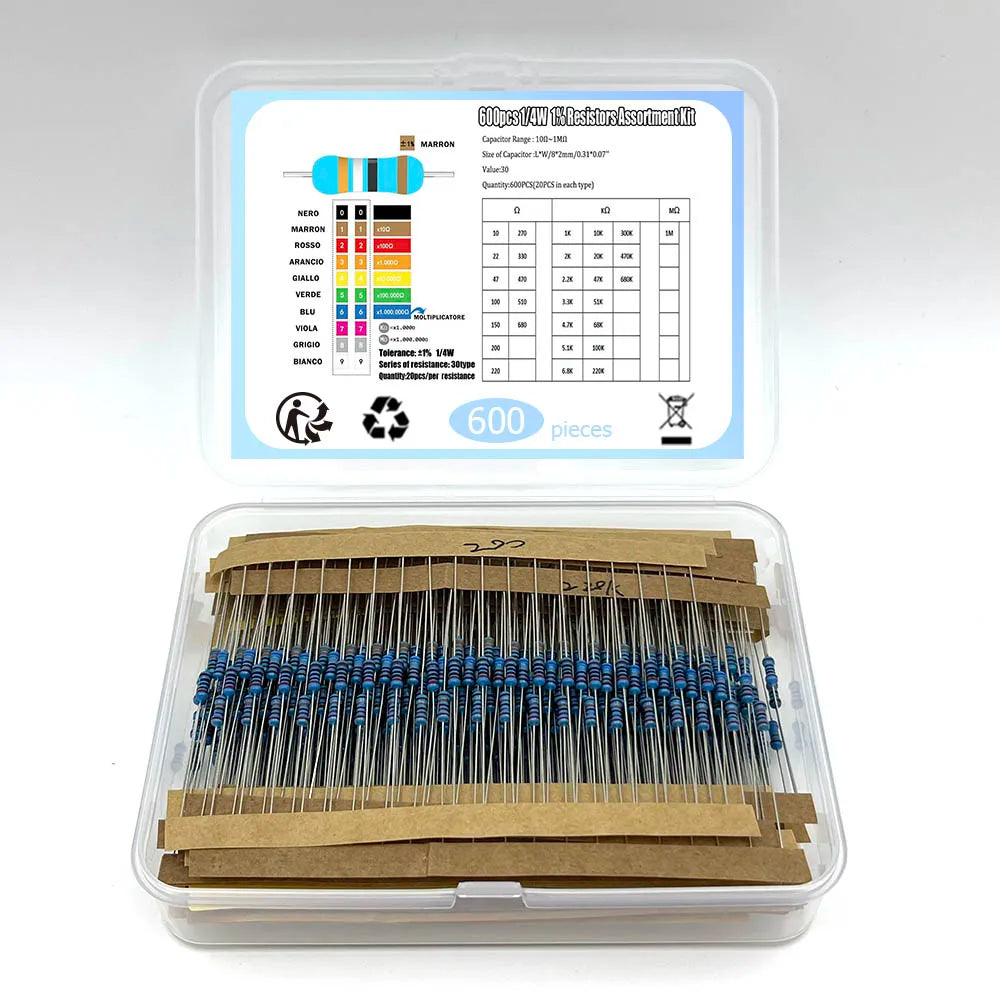 300/600pcs 1/4w Metal Film Resistor 30 Values Resistance Kit 10R-1M 0.25W 1% Resistor