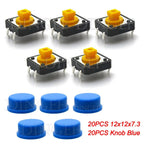 20PCS Tactile Push Button Switch Momentary 12*12*7.3MM Micro switch button with knob Yellow Green Red Kit 12x12x7.3