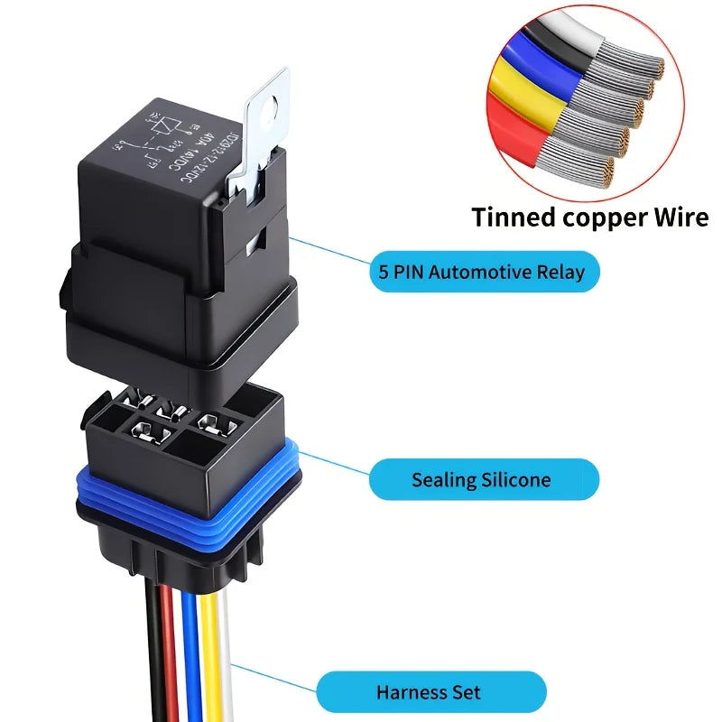 1PC 12V 40A Relay 5 Pin Waterproof Auto Relay Heavy Duty 12AWG and 16AWG Car Relay Kit with Harness Set for 12 Volt Automotive
