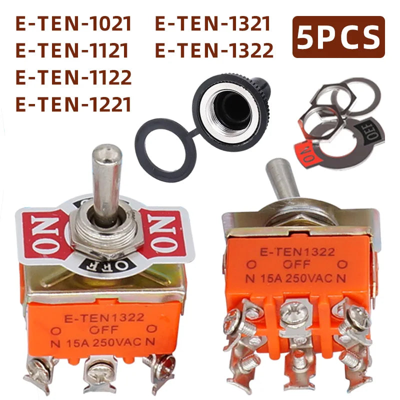 5Pcs E-TEN Toggle Switch 3/6 Pins ON-OFF ON-ON ON-OFF-ON SPST DPDT 2/3 Position Latching Toggle Switches with Waterproof Cap