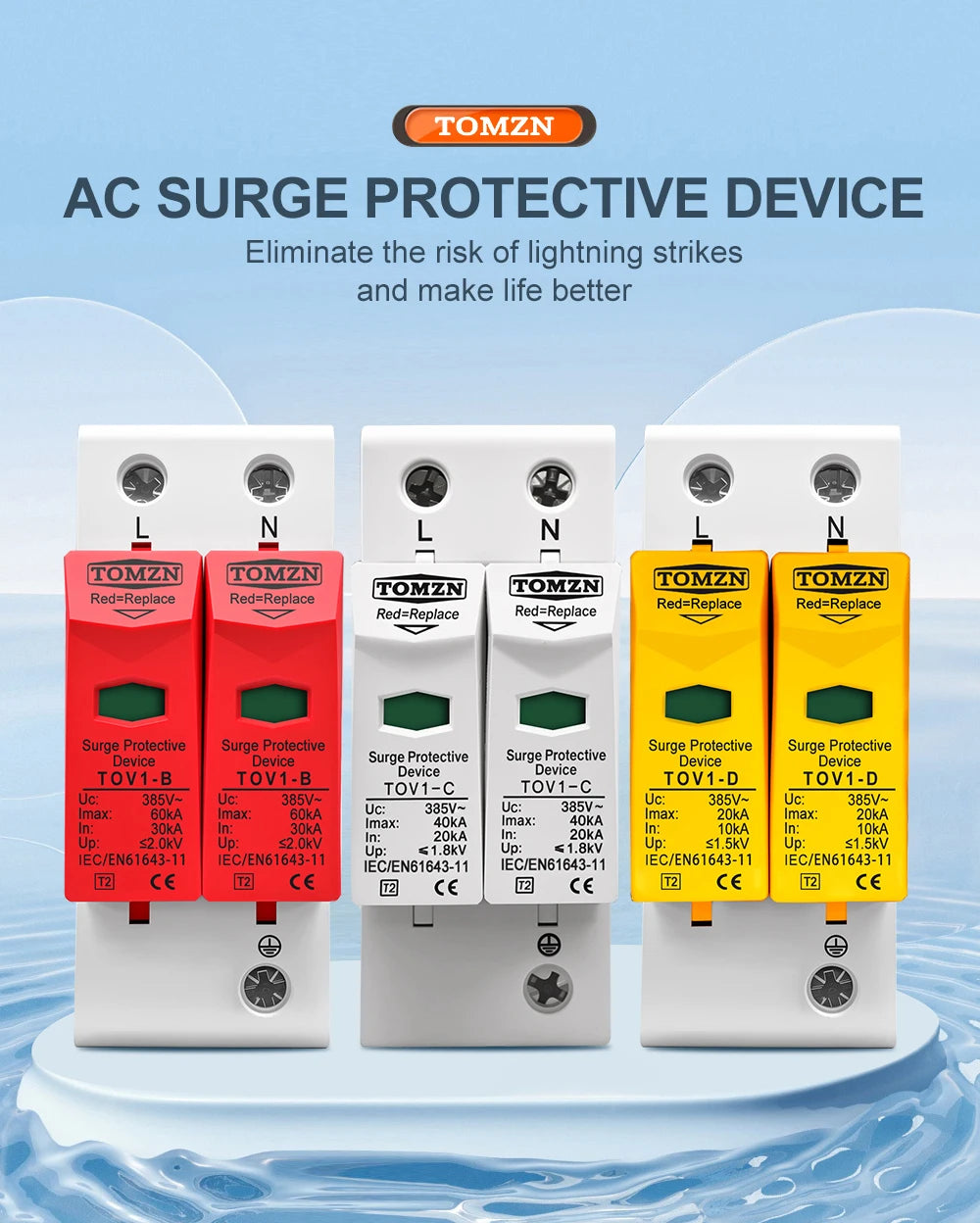 TOMZN AC SPD 2P House Surge Protector Protection Protective Low-voltage Arrester Device 10-20kA 20-40kA 30-60kA 275V 385V 420V