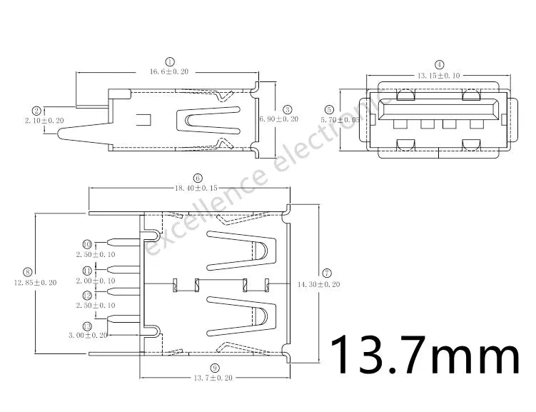 10 Pieces USB Type A Female Socket 180 Degrees Vertical 4pins USB Interface AF 13.7mm / 15.0mm