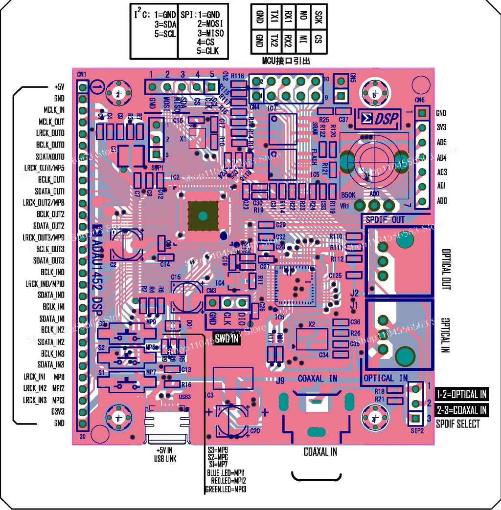 ADAU1452 DSP Development Board with STM32F103 MCU, Learning Kit with Schematic Diagrams for Audio Processing & Embedded Projects